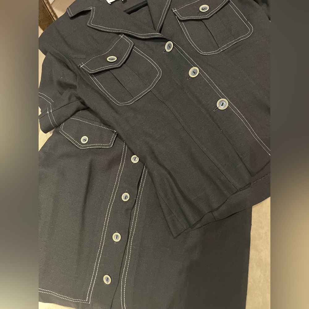 (2 piece) Black Button-Up Top and Skirt Set
